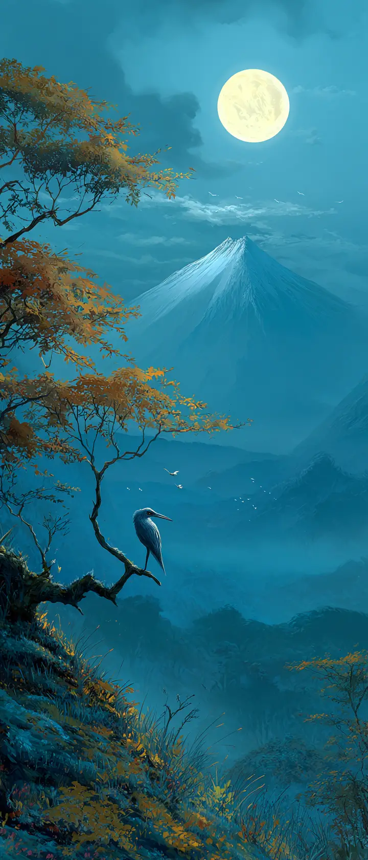 寧靜的日本山景與秋季滿月