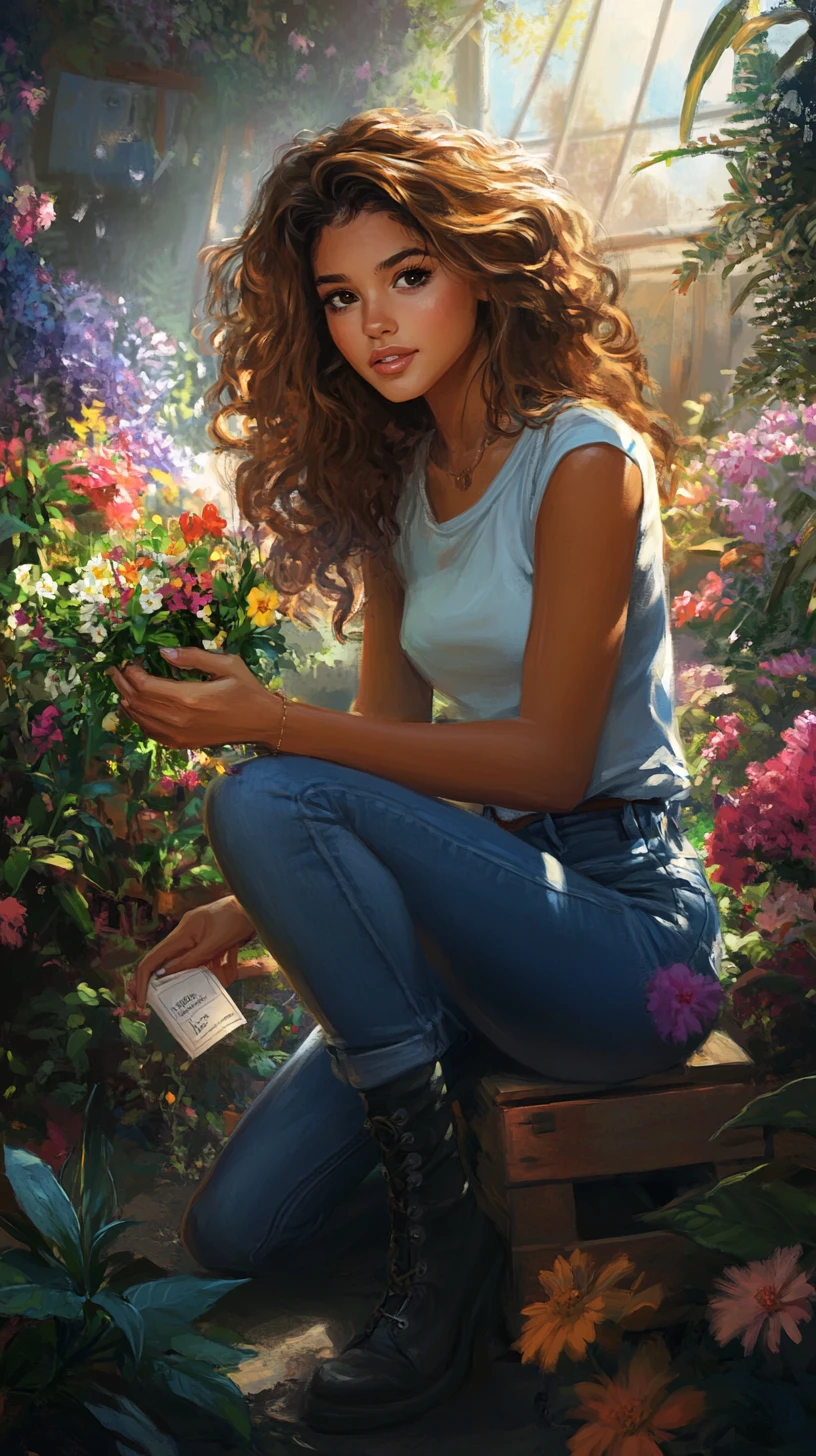 Jovem mulher jardineira em um jardim ensolarado repleto de flores
