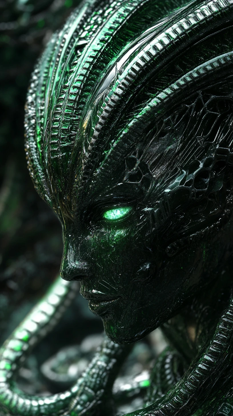 Surreal emerald woman in venetian mask within cosmic space