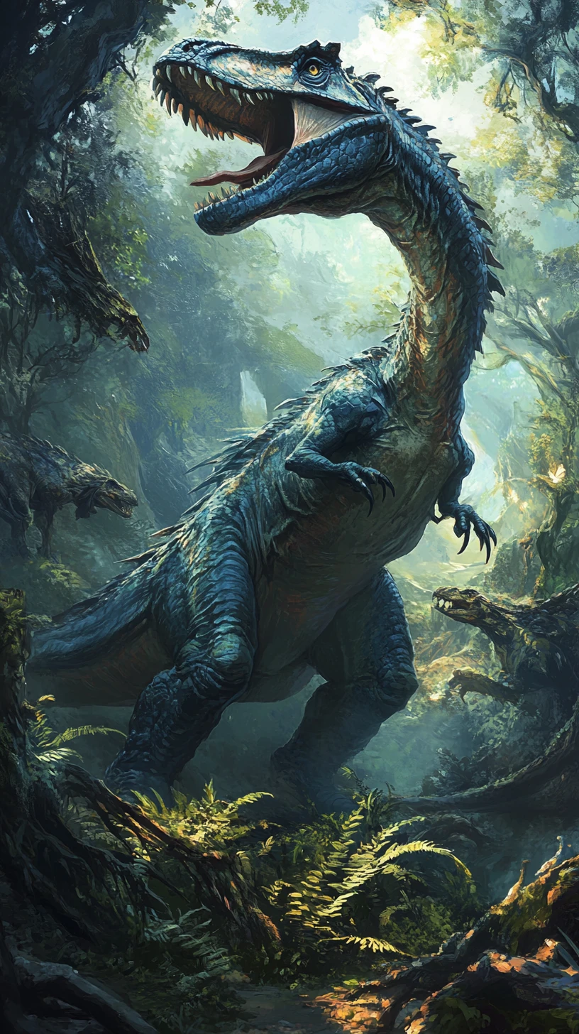 Dinossauros coloridos com diferentes características e ovos no ninho