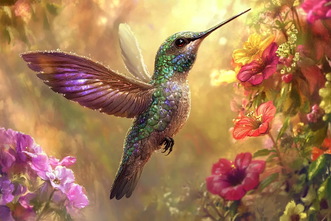 Embroidered hummingbird hovering by flowers in lush garden