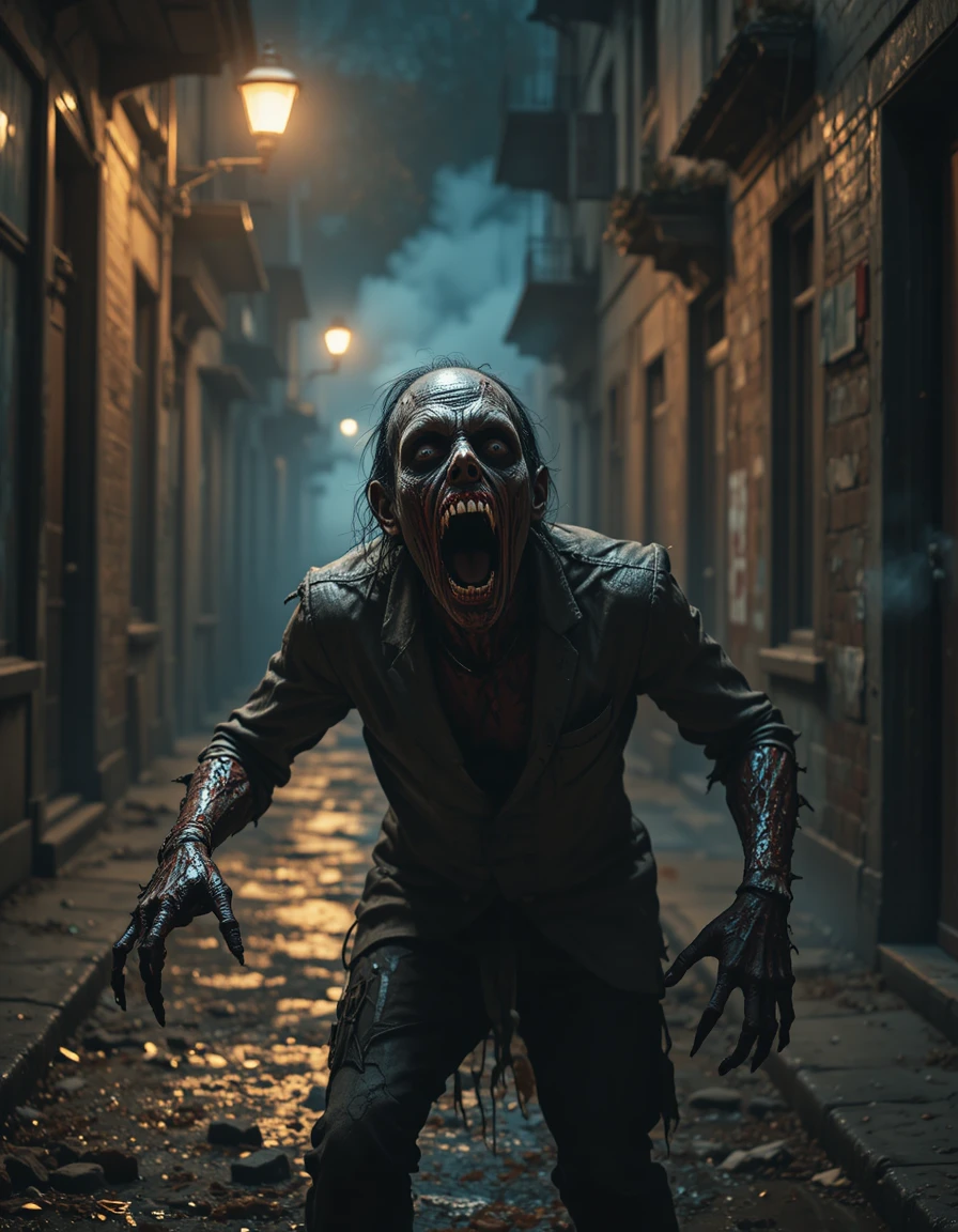 Verrottender Zombie stürzt sich in einer dunklen nebligen Stadtschlucht nach vorn