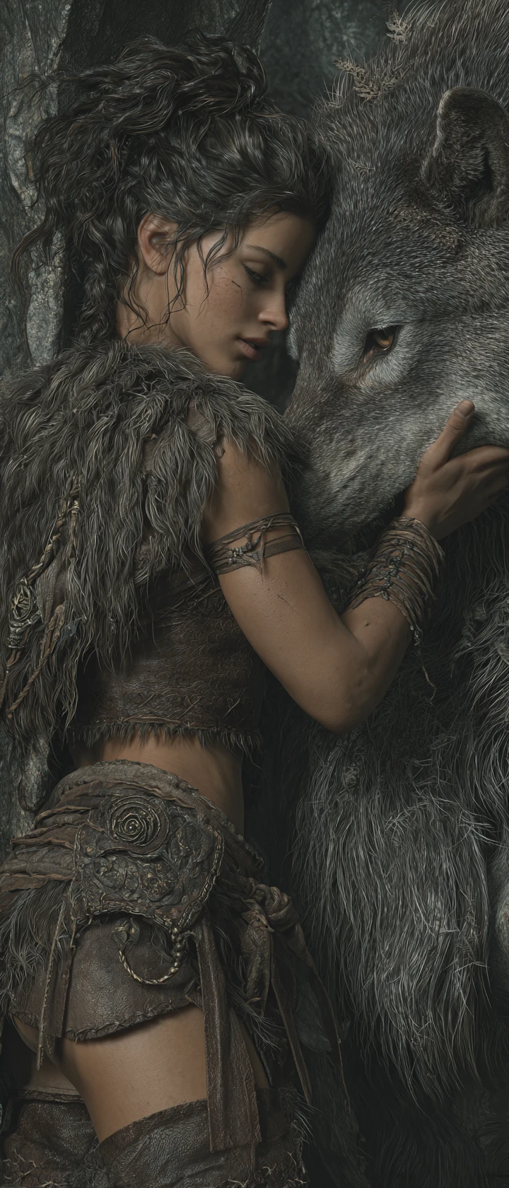 Wild warrior woman in misty ancient mountain landscape