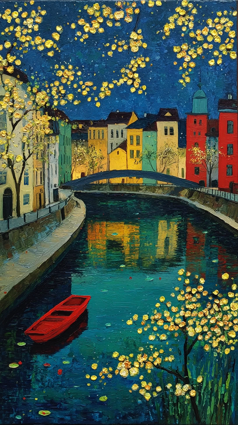 Kirschblüten über einer nächtlichen Stadtlandschaft mit fernen Lichtern