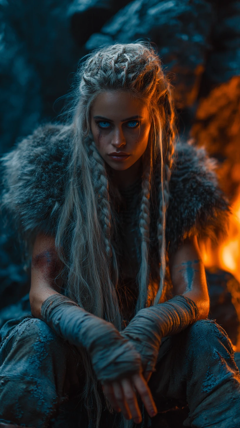 Viking warrior woman in firelit cave with braided blonde hair