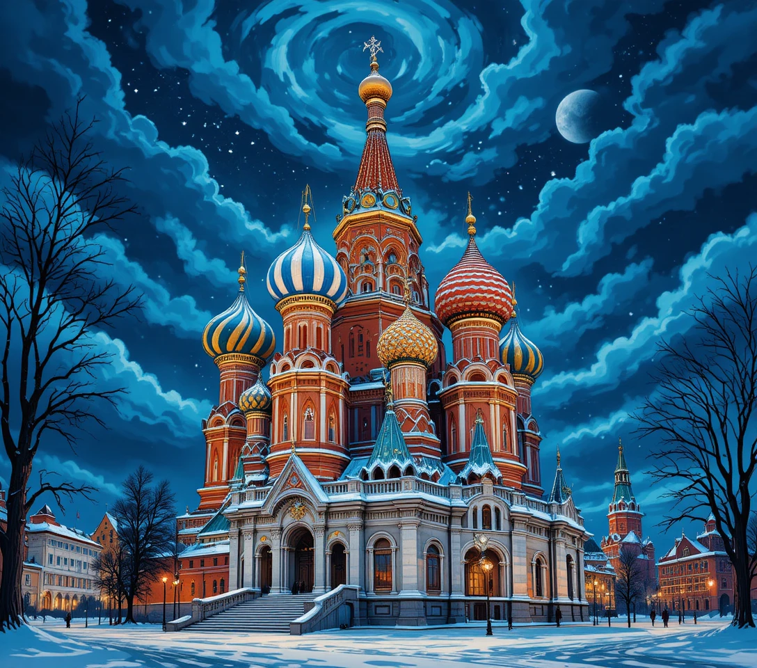 Cathédrale russe illuminée sous un ciel nocturne d’hiver étoilé