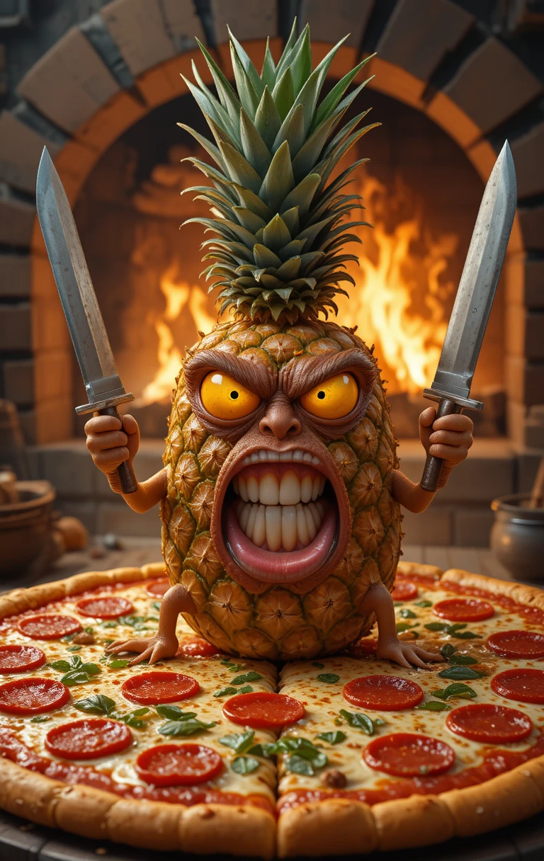 Ananas en colère avec des couteaux sur une pizza pepperoni devant le four