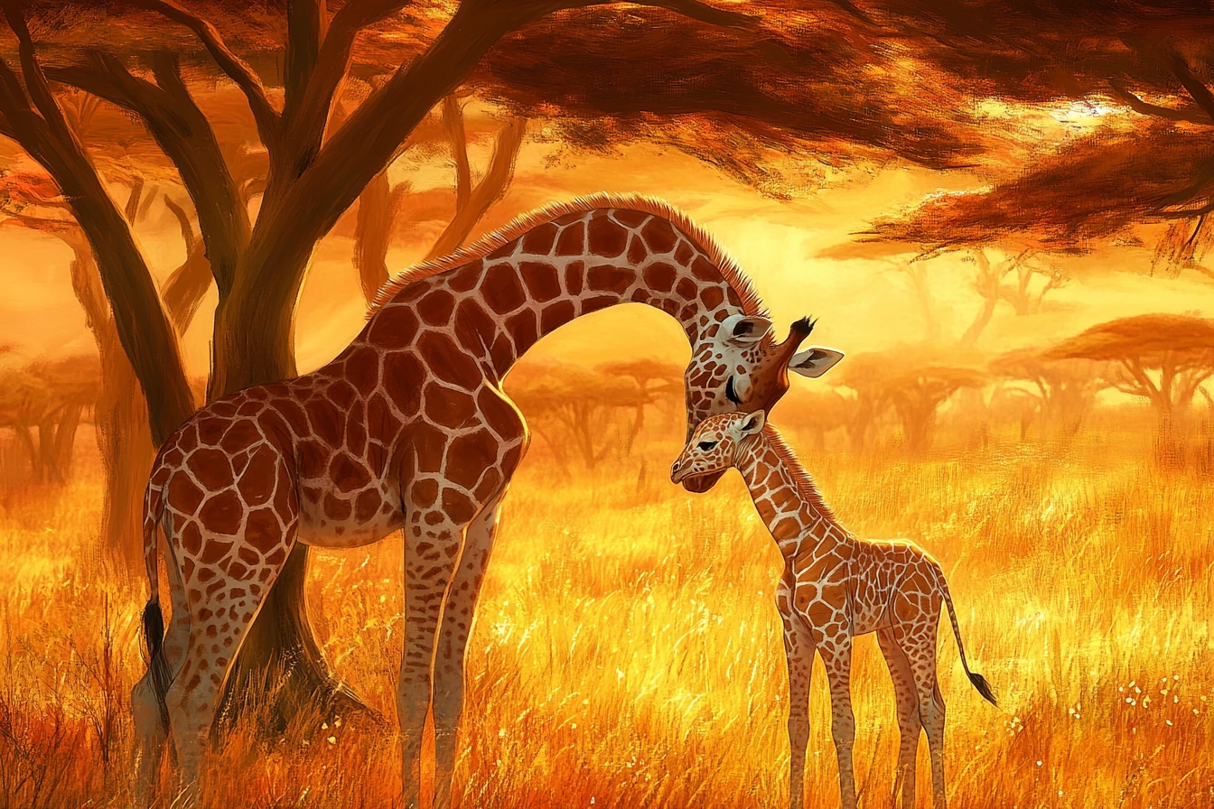 Giraffa neonata che si coccola accanto alla madre al tramonto