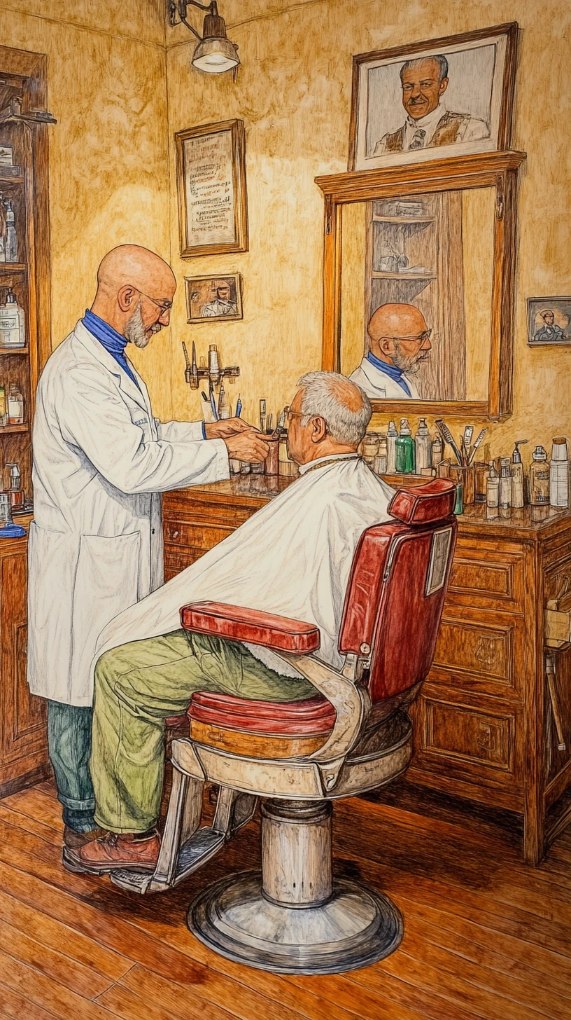 Barbiere che taglia i capelli a un uomo anziano in un barbershop vintage