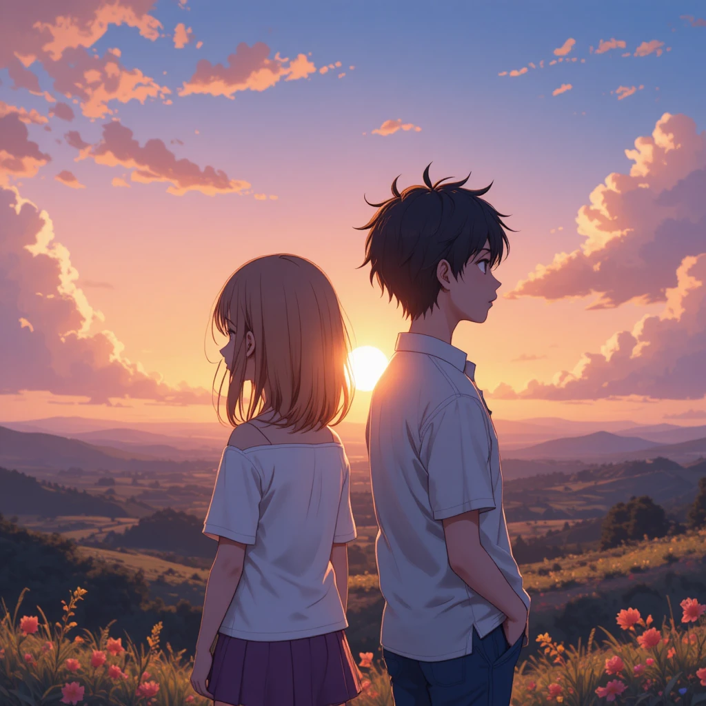 Chico y chica de anime al atardecer en un paisaje sereno