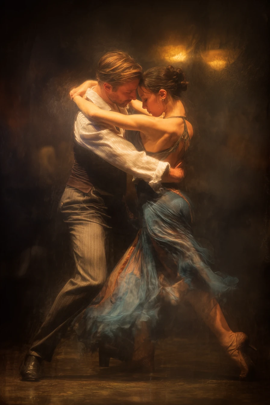 Pareja apasionada bailando paso doble en una taberna rústica