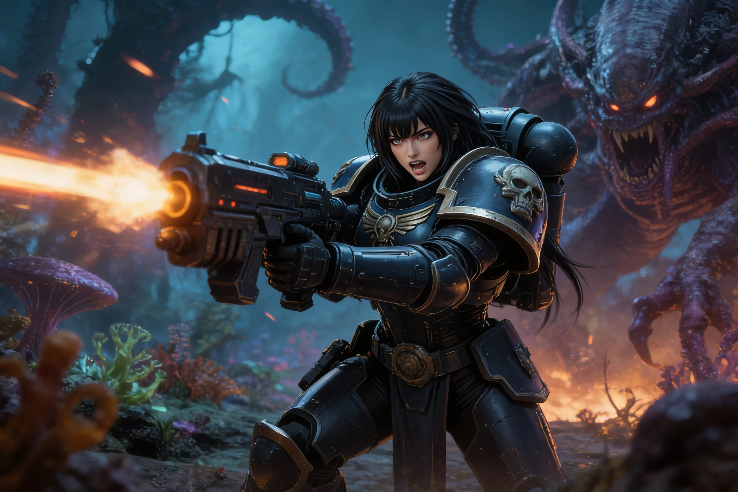 Guerrier space marine combattant sur un monde alien hostile
