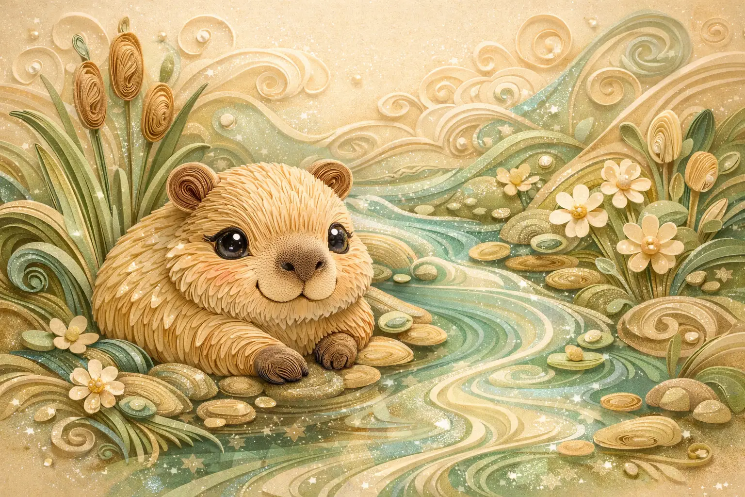 Verspieltes Paper-Quilling-Baby-Capybara an einem ruhigen Bach