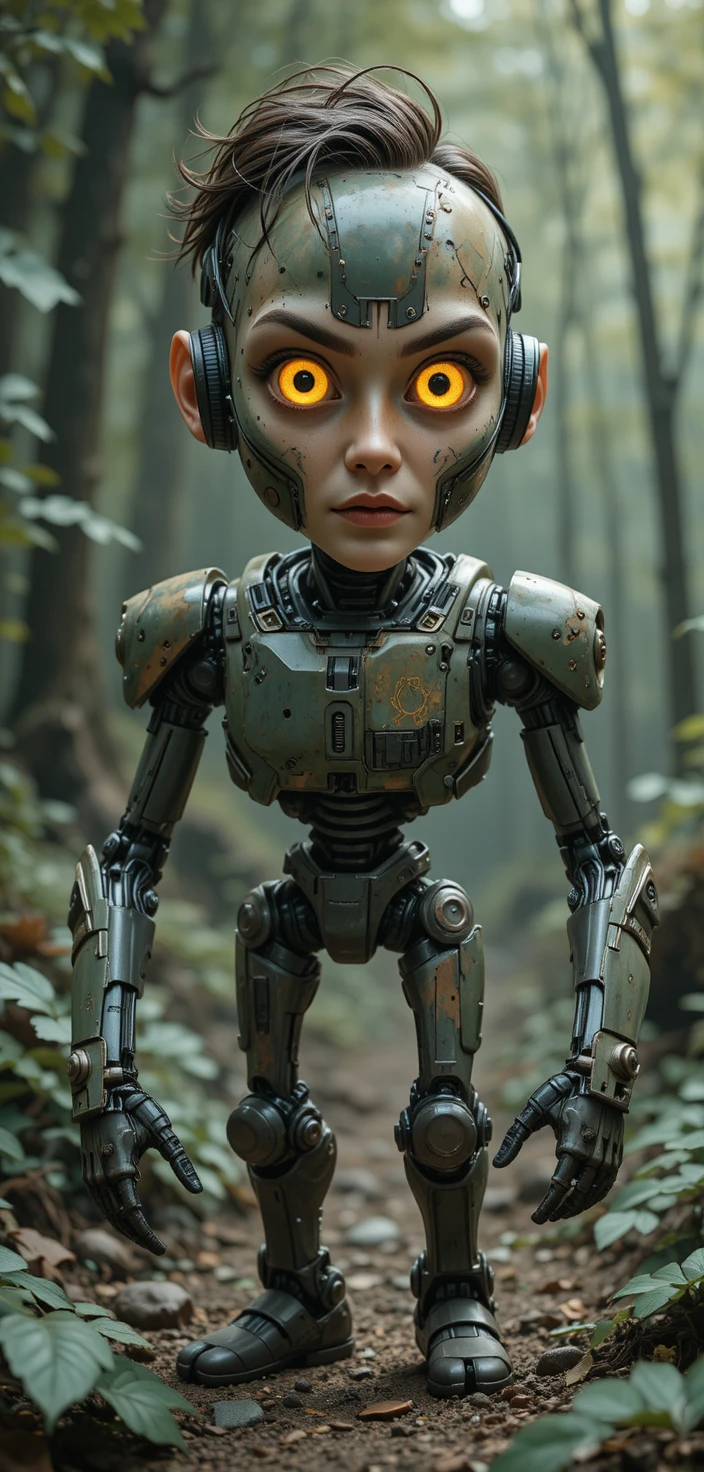 Robô humanóide com armadura camuflada em uma floresta sci‑fi