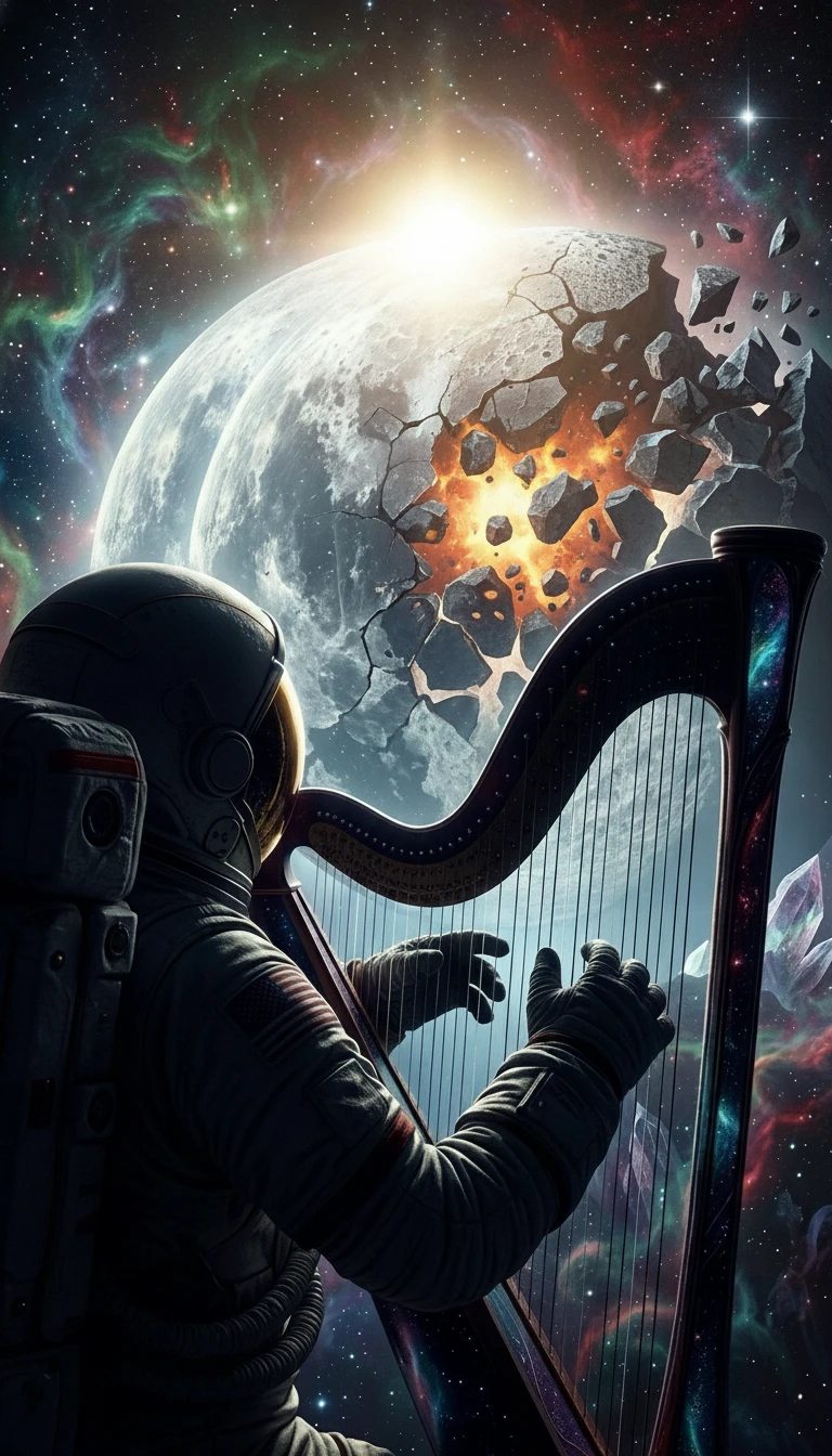 Astronaut spielt eine himmlische Harfe vor einem zerbrochenen Mond