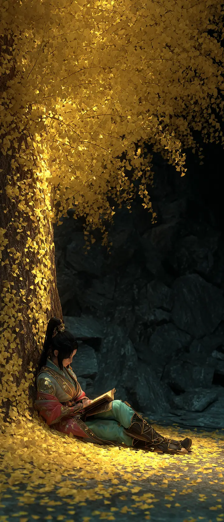 Moonlit golden tree with a serene figure reading