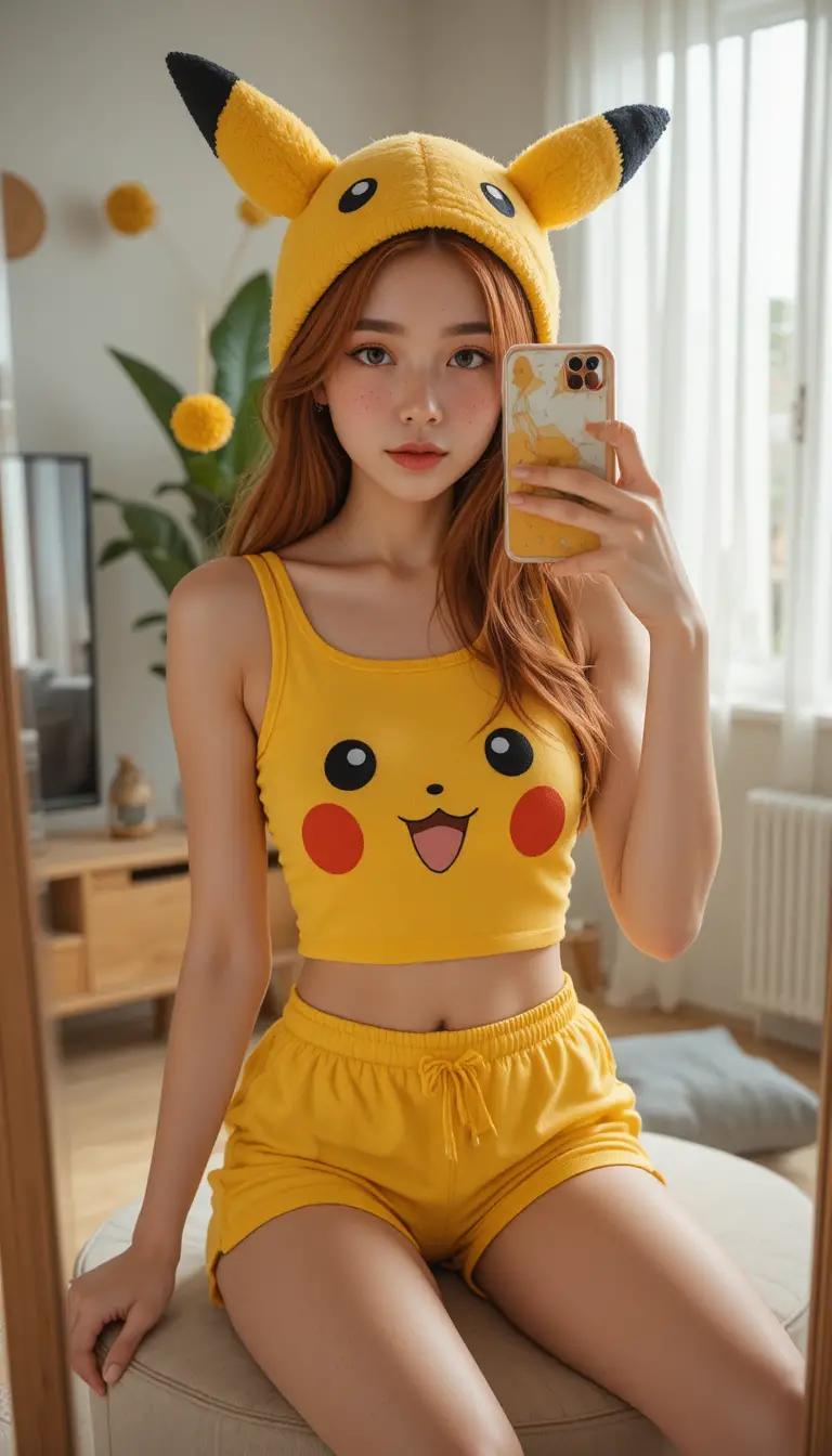 Red haired girl mirror selfie in a bright living room