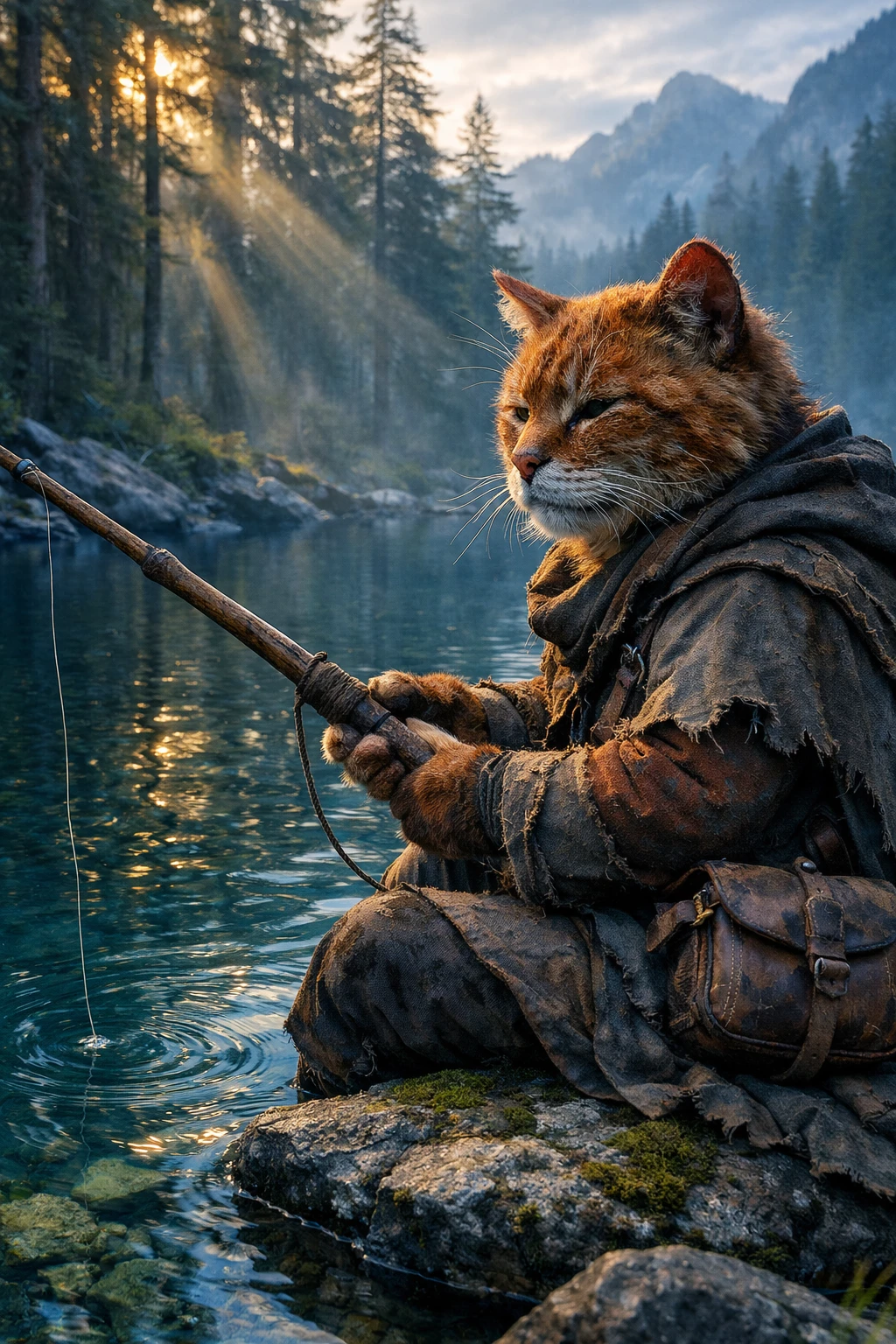 Gatto Viandante Regale che Pesca a un Lago di Montagna