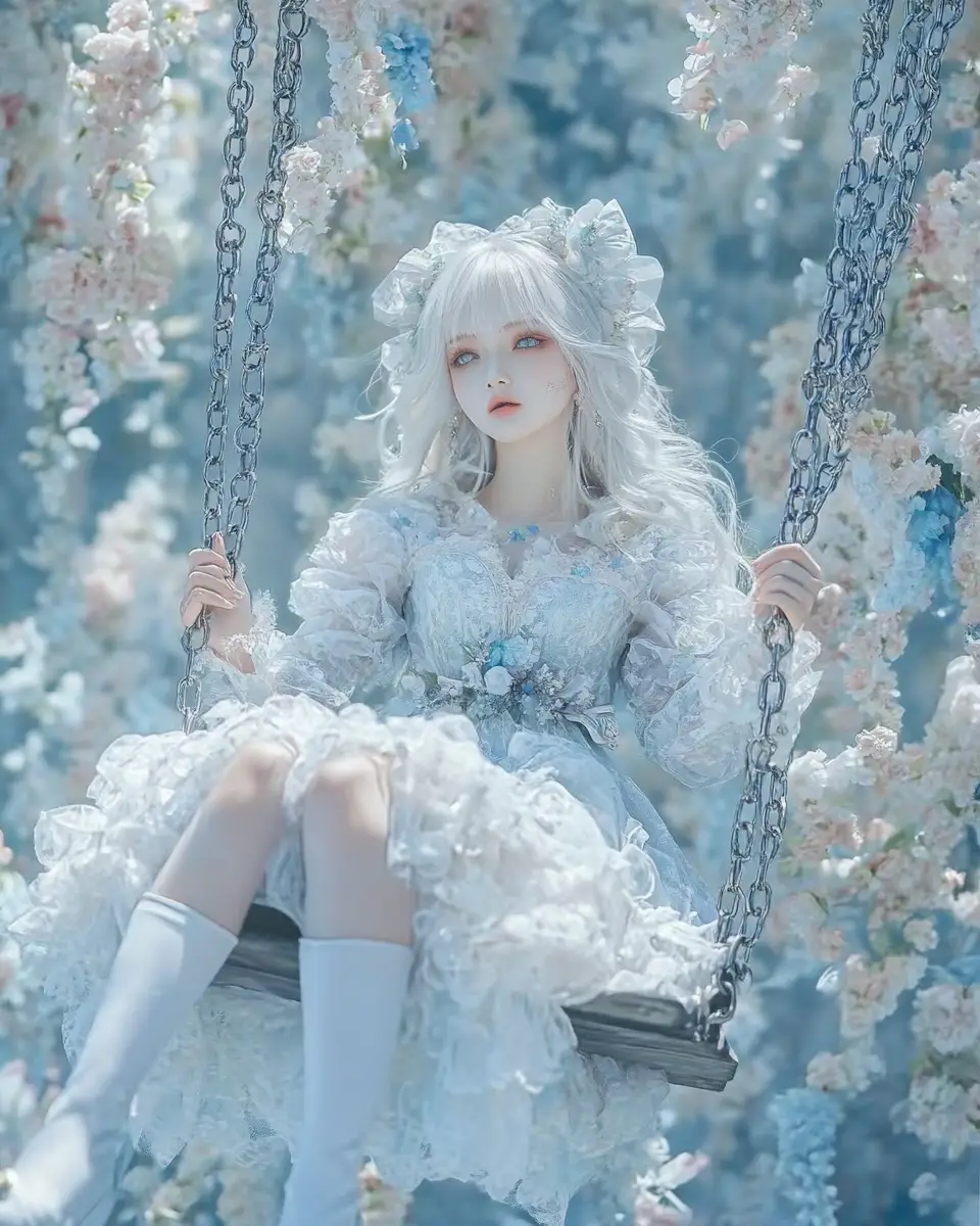 Verspieltes Fantasy-Mädchen auf einer verzierten Schaukel in floraler Kulisse