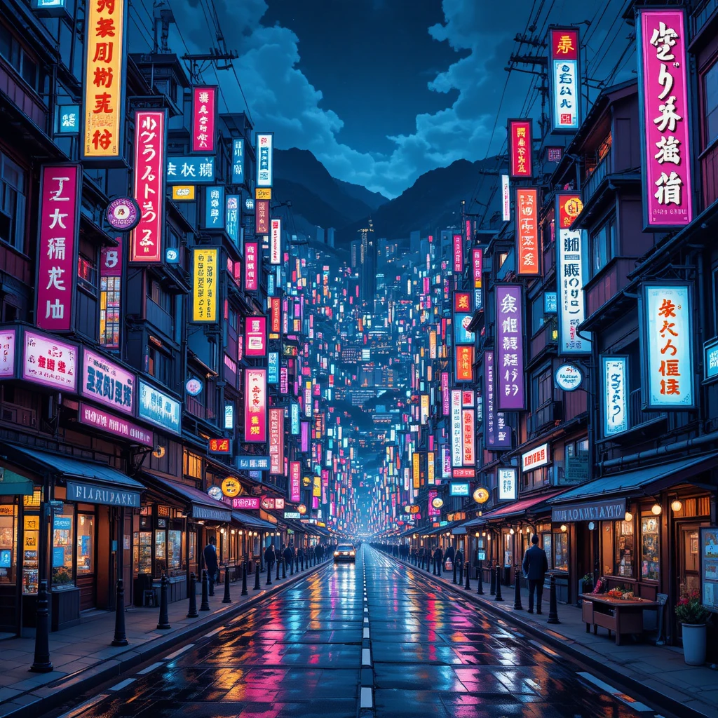 色彩繽紛的霓虹城市街道 漫畫插畫風格