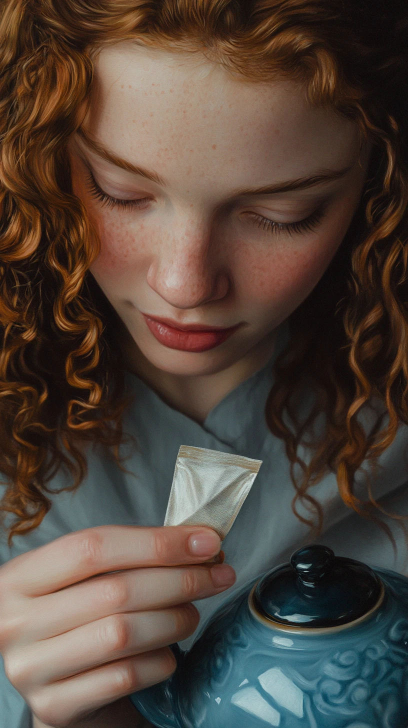 Young woman making tea in a close up oil painting