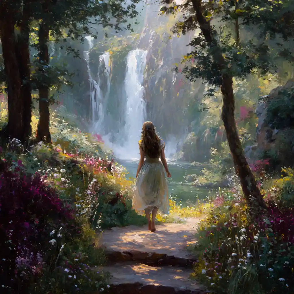 Joven caminando bajo una cascada en un sendero del bosque