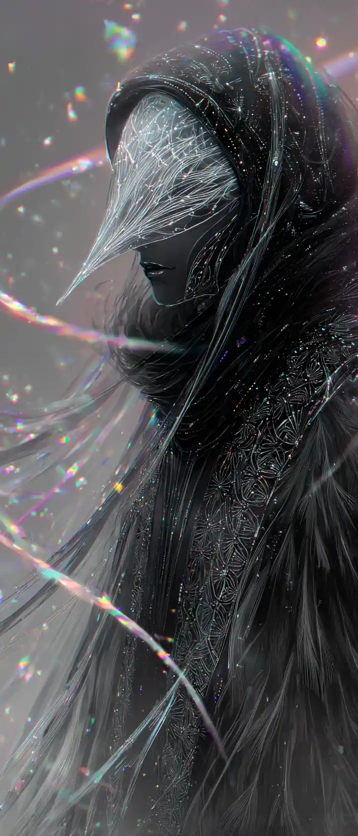Esprit masqué en robe noire à plumes aux motifs lumineux