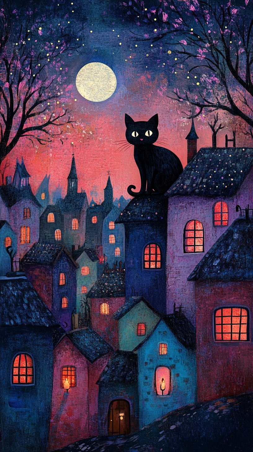 ろうそくの灯る幻想的な夜の村の白黒の猫