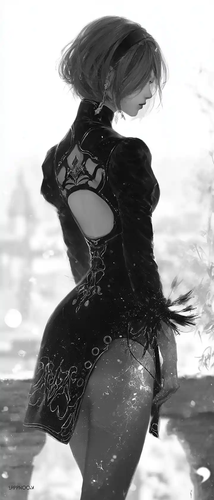 Ethereal anime woman on balcony in glowing black dress