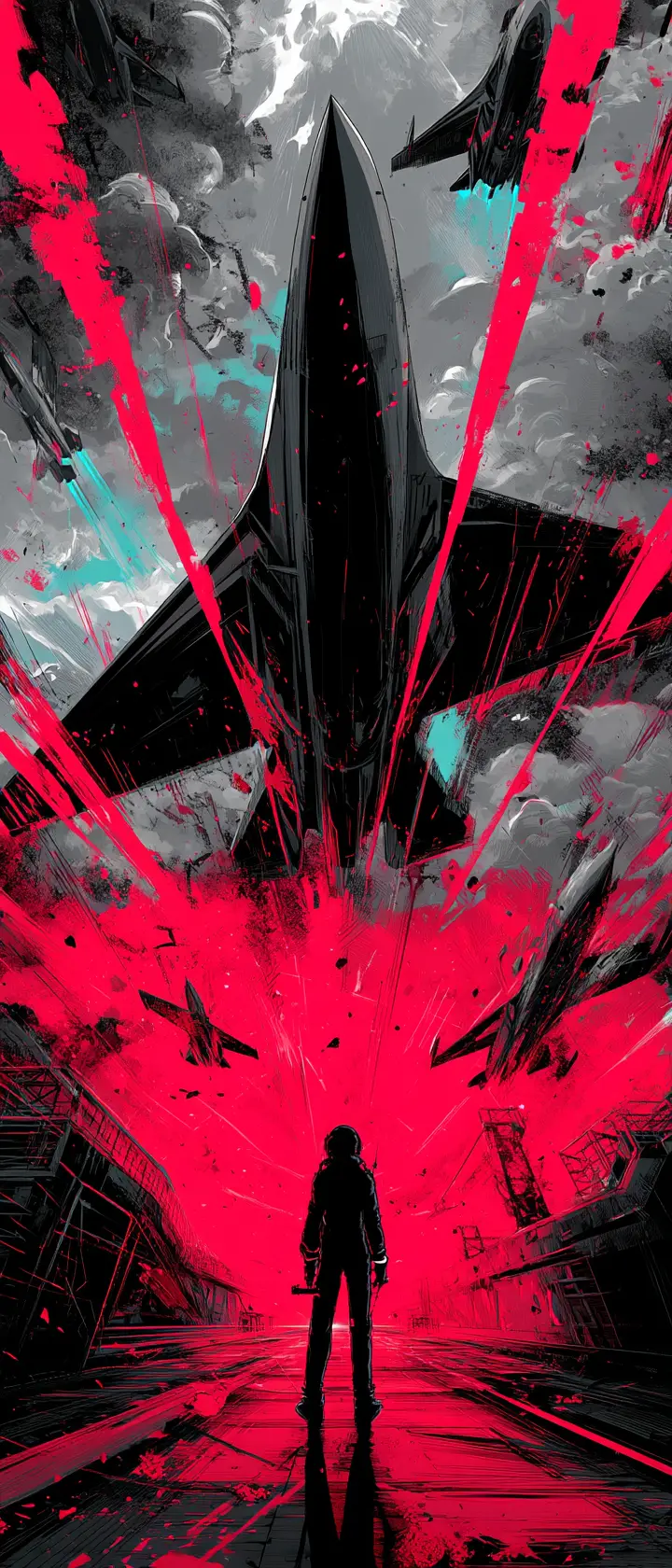 光る機械のハートエンジンを積んだジェット機のアニメパイロット