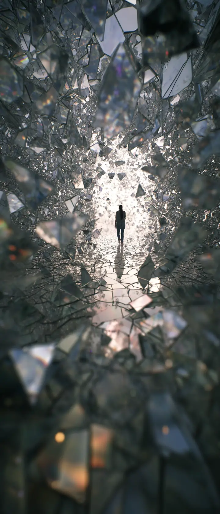 Zersplitterte Spiegel, die fragmentierte Silhouetten im abstrakten Chaos reflektieren