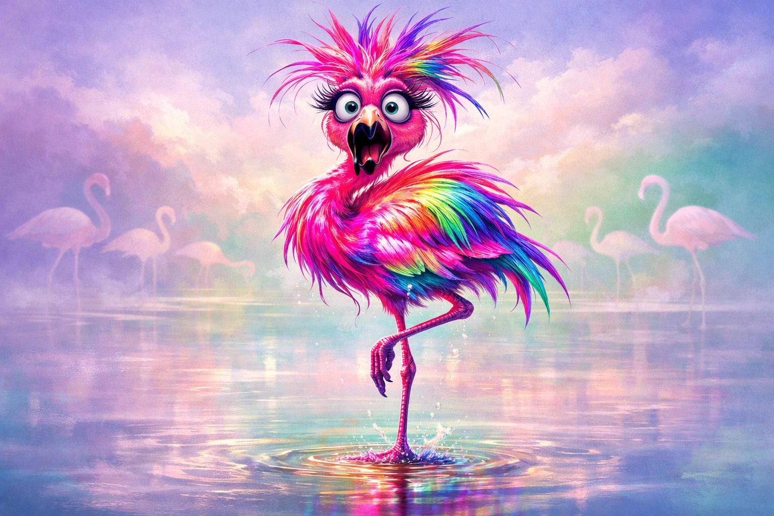 Flamingo Neon Equilibrando em Uma Perna em Água Rasa