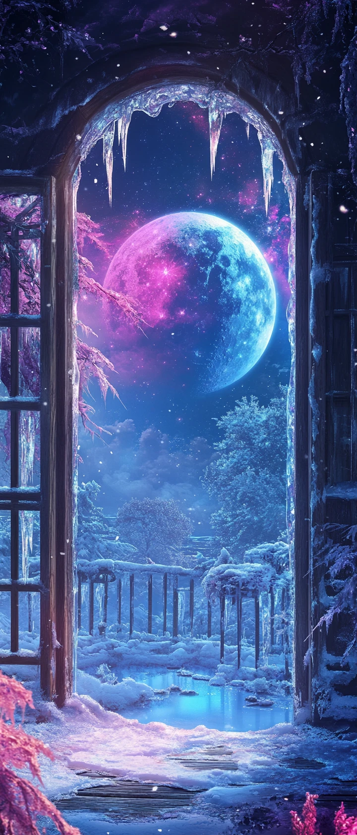 Jardin d’hiver au clair de lune vu à travers une fenêtre en bois
