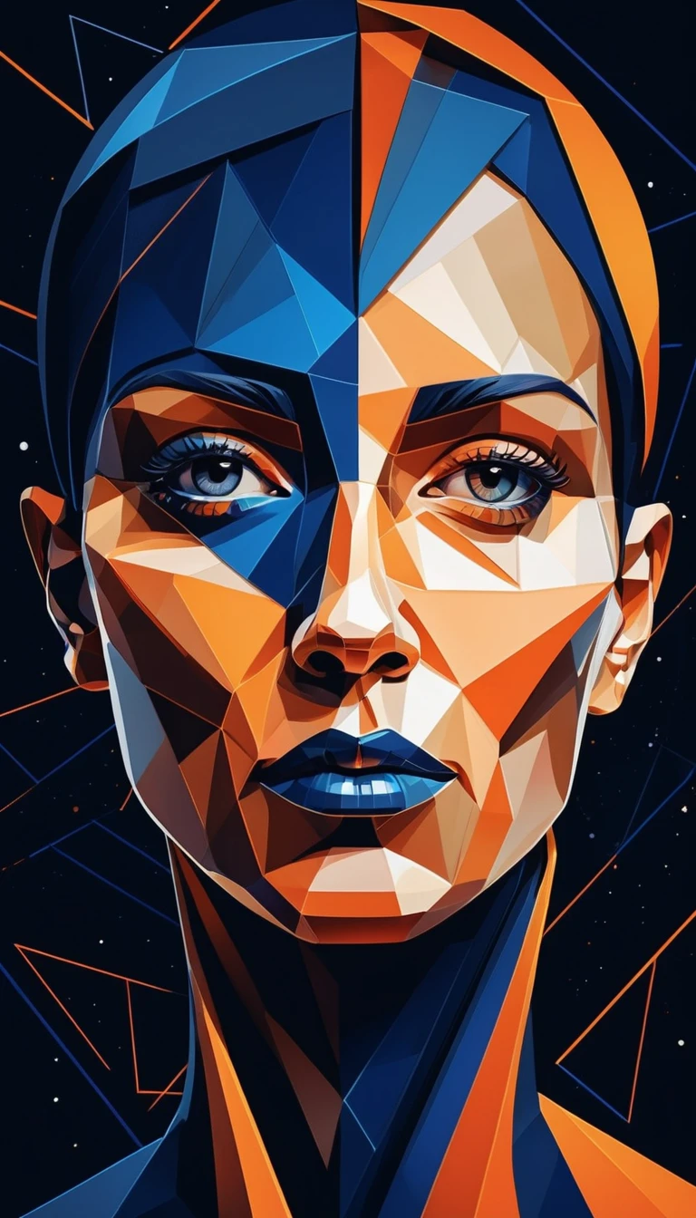 Abstract geometric cubist portrait with cosmic layered shapes