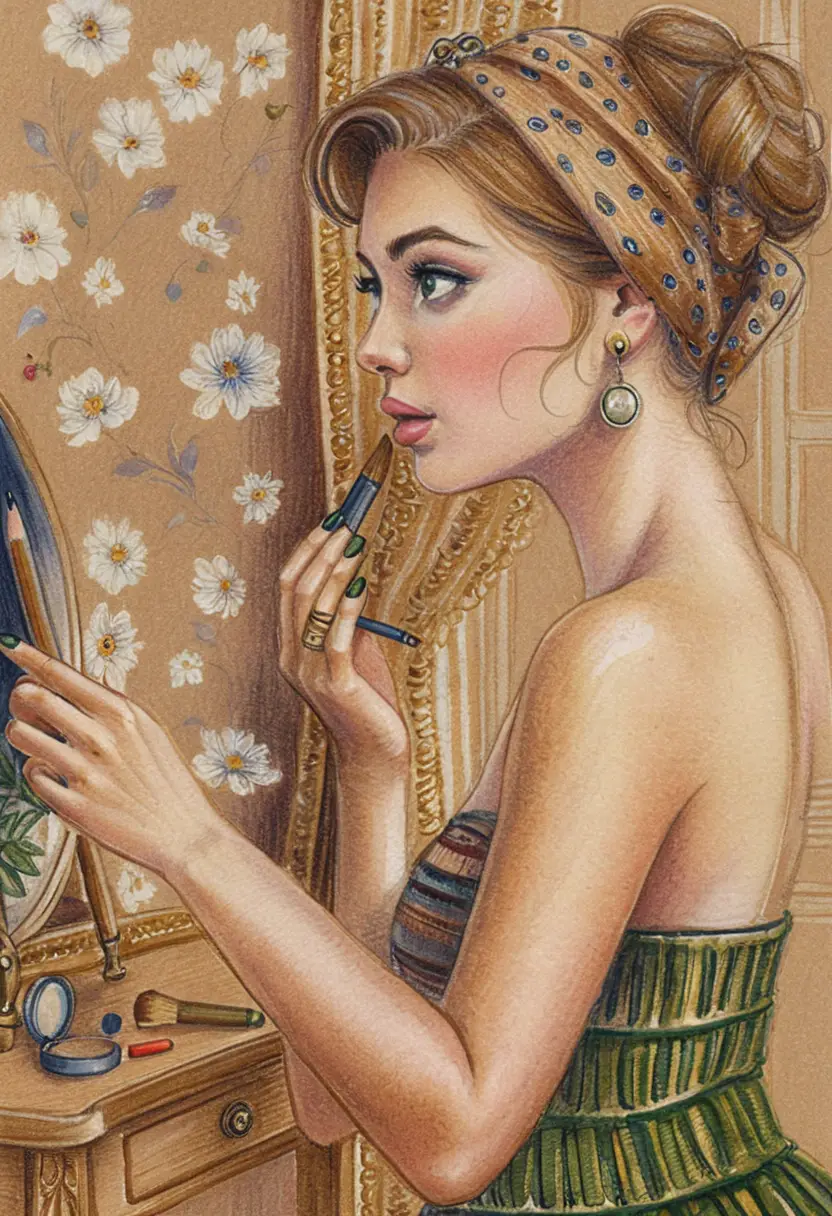 Femme pin-up blonde appliquant du rouge à lèvres à une coiffeuse vintage