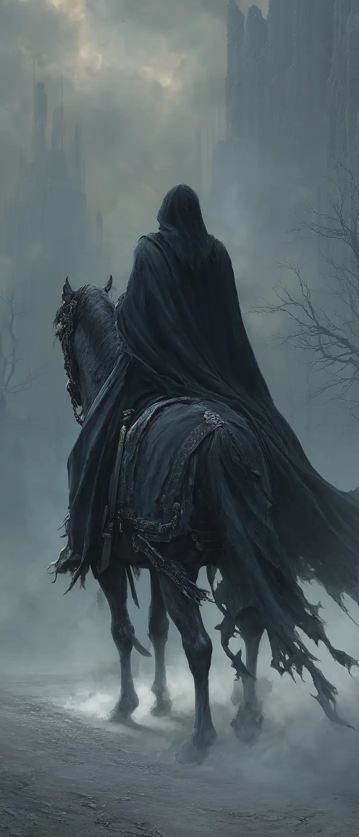 Dark hooded rider on a black warhorse under moonlight