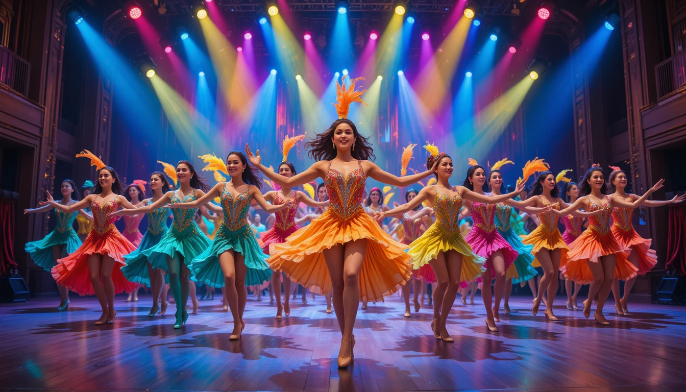 Colorata troupe di danza su un luminoso palco teatrale