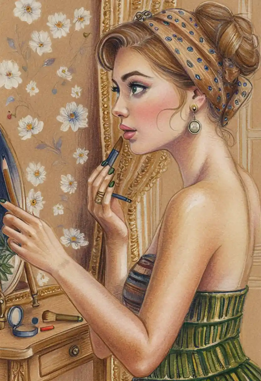 Blonde Pin-up-Frau trägt Lippenstift an einem Vintage-Schminktisch auf
