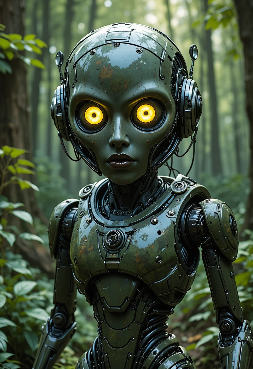 Robô humanóide em armadura camuflada em uma floresta verde