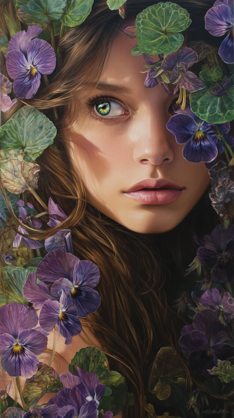 Donna surreale con occhi bicolori che emerge tra le violette