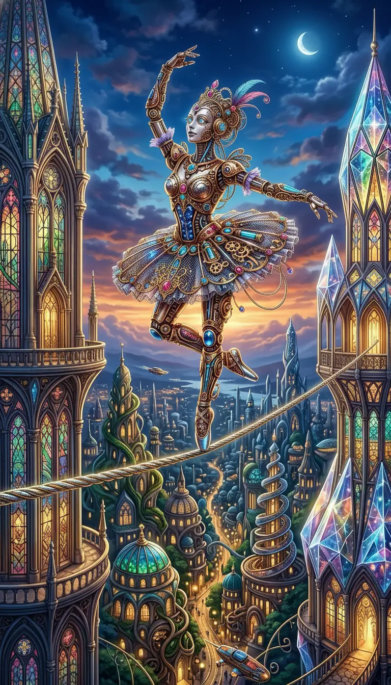 Clockwork automaton dancing gracefully on a high city tightrope