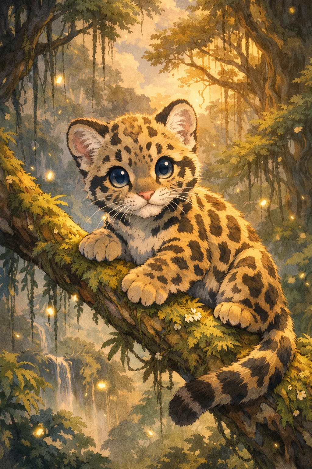 Baby clouded leopard cub on mossy branch at dusk