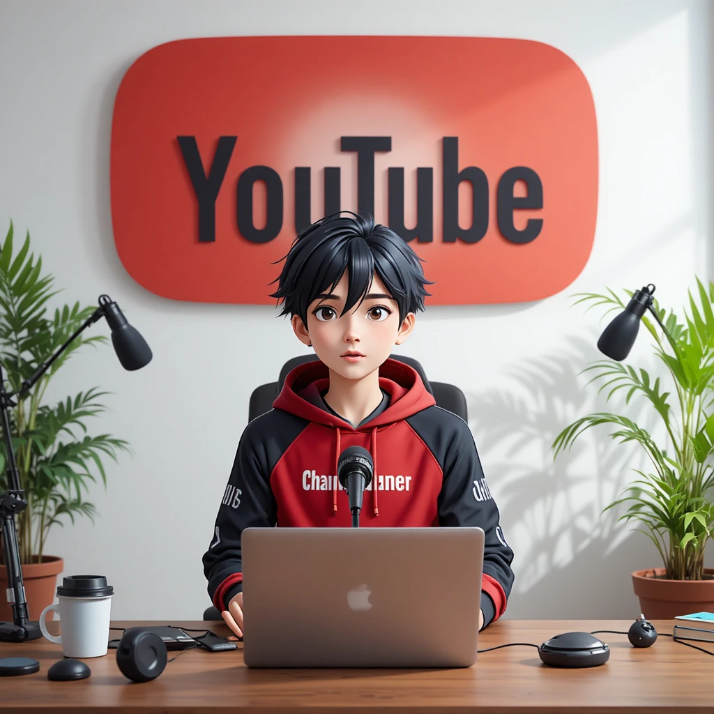 Garçon d’anime en streaming à un bureau avec setup d’enregistrement
