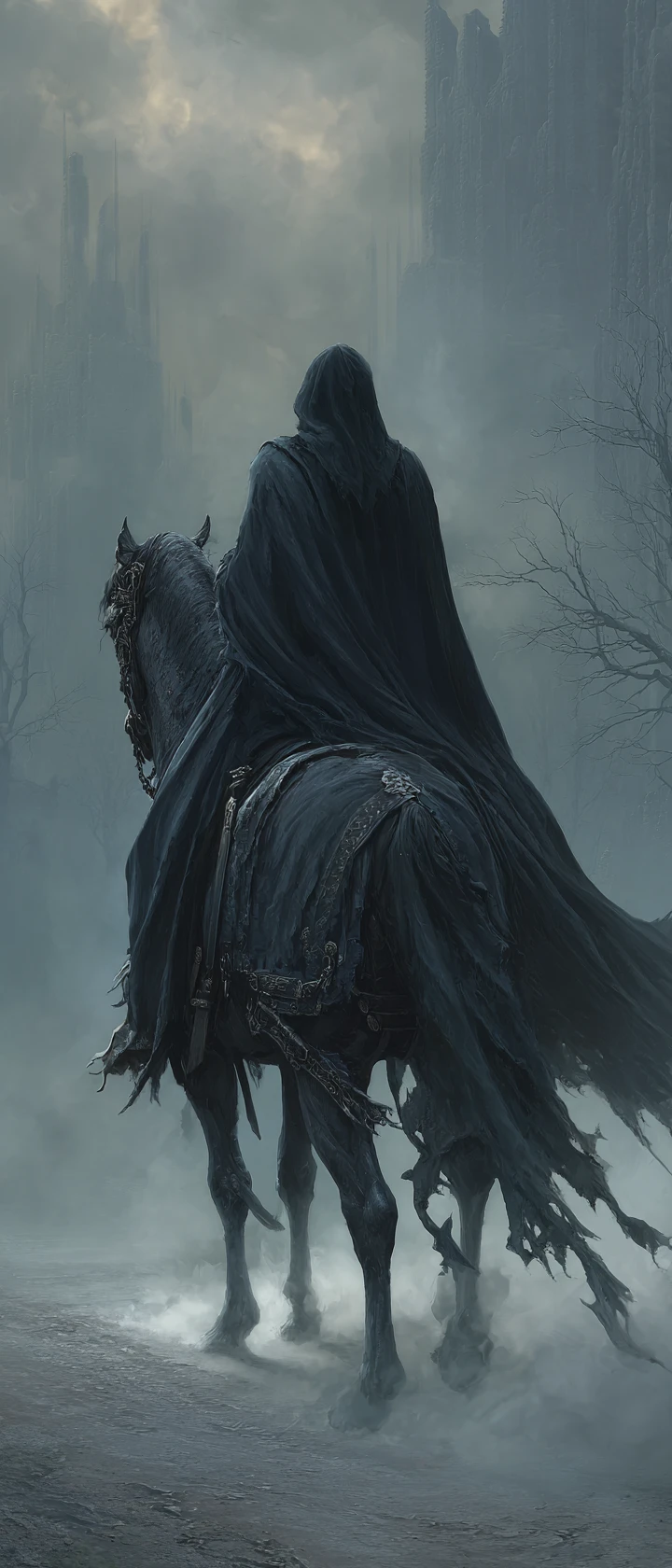 Dark hooded rider on a black warhorse under moonlight