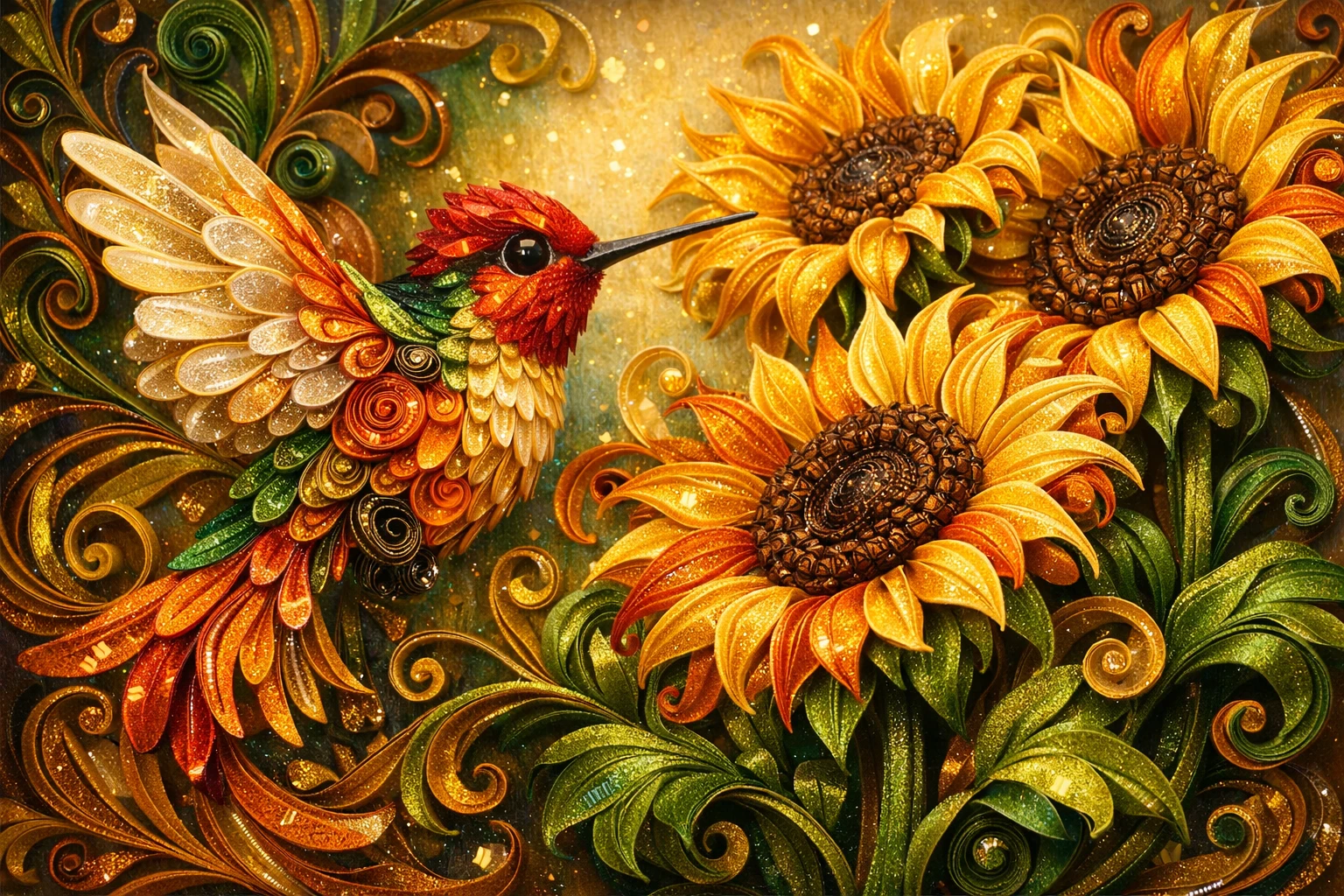 Beija-flor Lúdico em Quilling de Papel com Girassóis