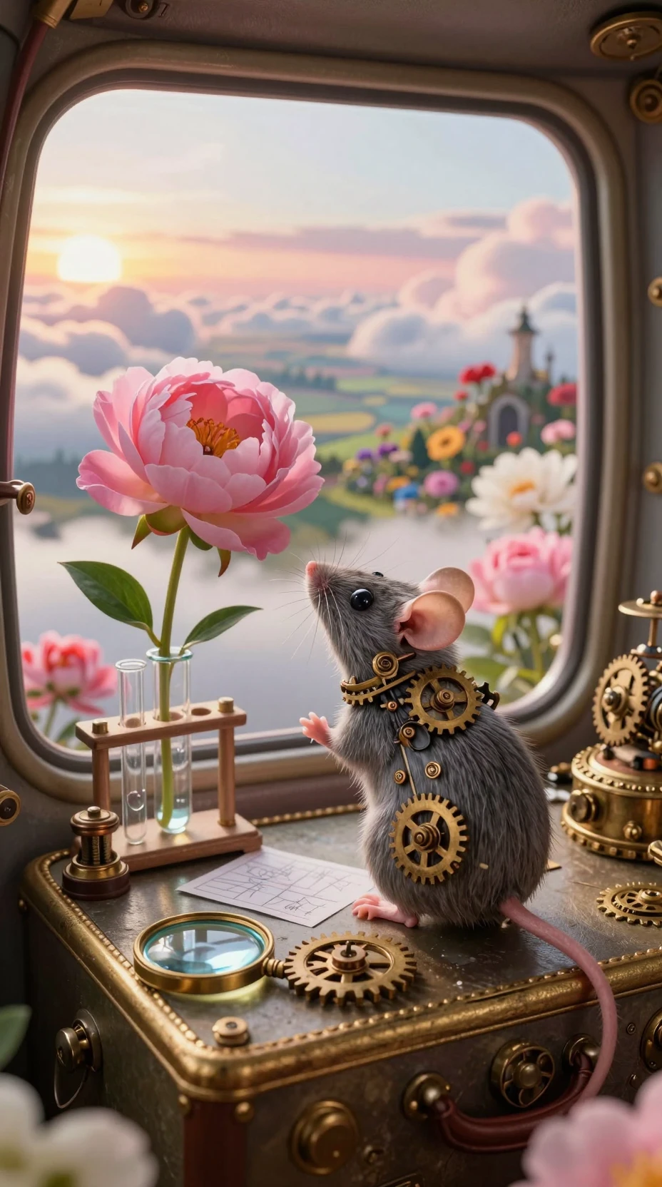Piloto de rato steampunk com peônia rosa em minúscula gôndola