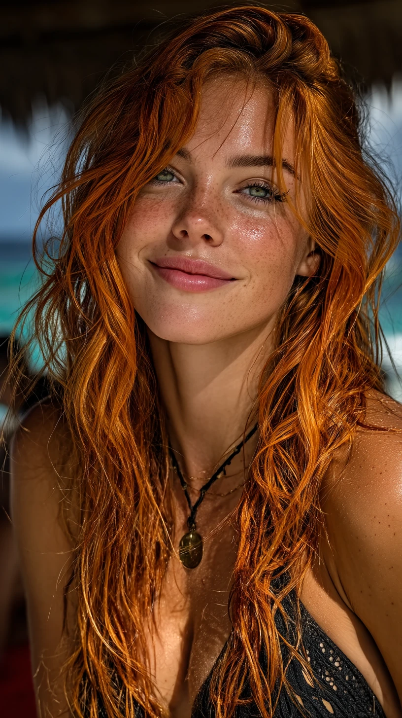 Donna dai capelli rossi, sicura di sé, su una spiaggia tropicale illuminata dal sole