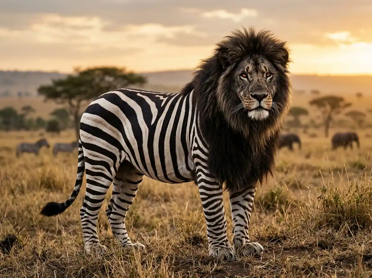 Leão fotorrealista com pele de zebra em vista de três quartos