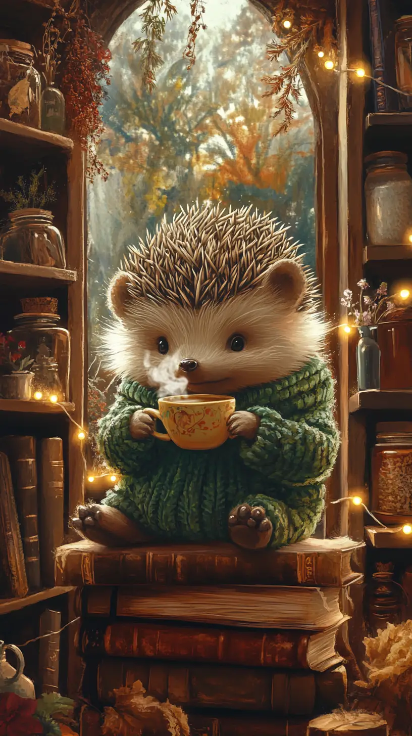 Adorable hérisson en pull buvant du thé sur de vieux livres