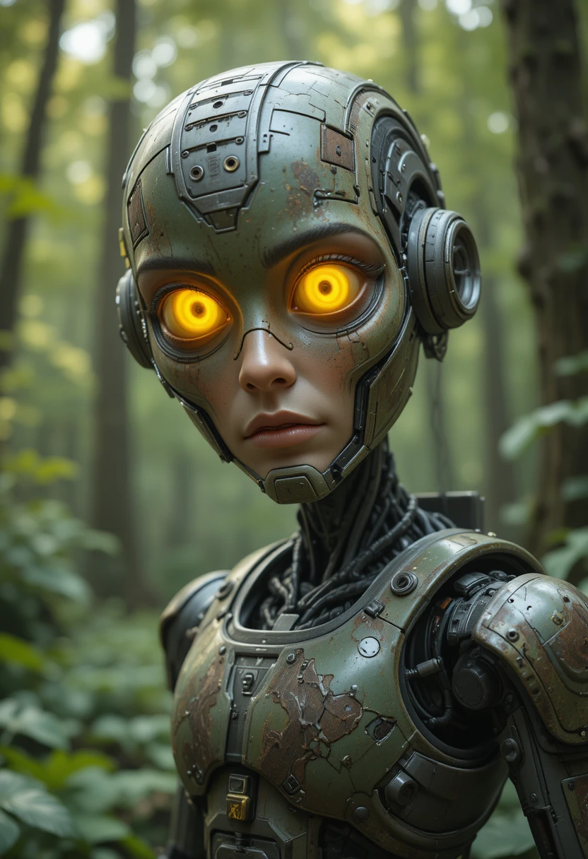 Robô de combate humanóide com olhos brilhantes em floresta verde